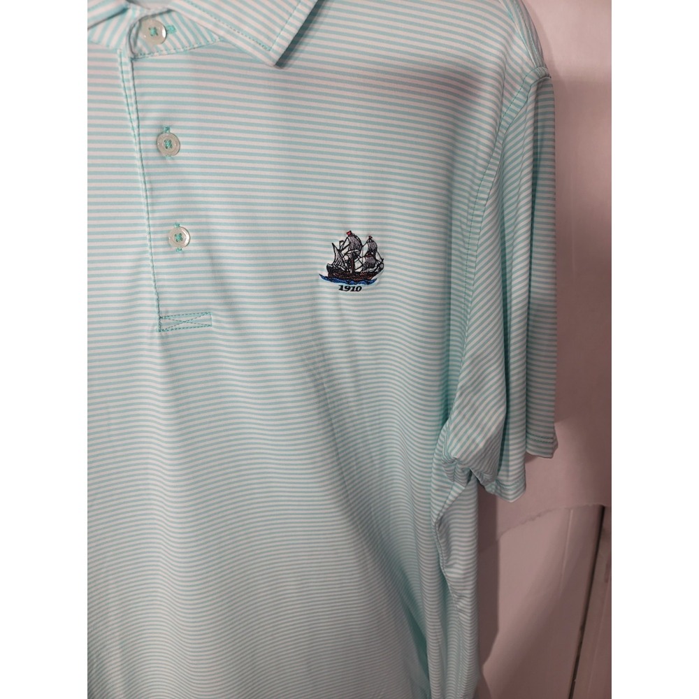 B. Draddy Sport Polo Shirt Mens L Golf White Green‎ Striped Stretch Logo Preppy - Picture 4 of 12